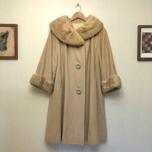 Vintage Cashmere and Real Fur A-line Coat, 3/4 Sleeves
